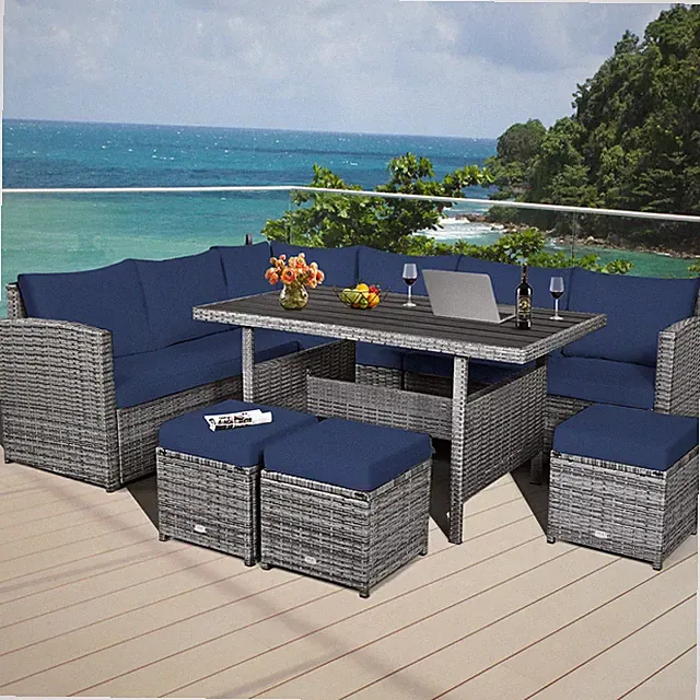 7PCS Rattan Patio Sectional Sofa Set Conversation Set w/ Navy Cushions
