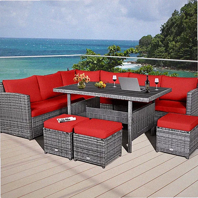 7PCS Rattan Patio Sectional Sofa Set Conversation Set w/ Red Cushions