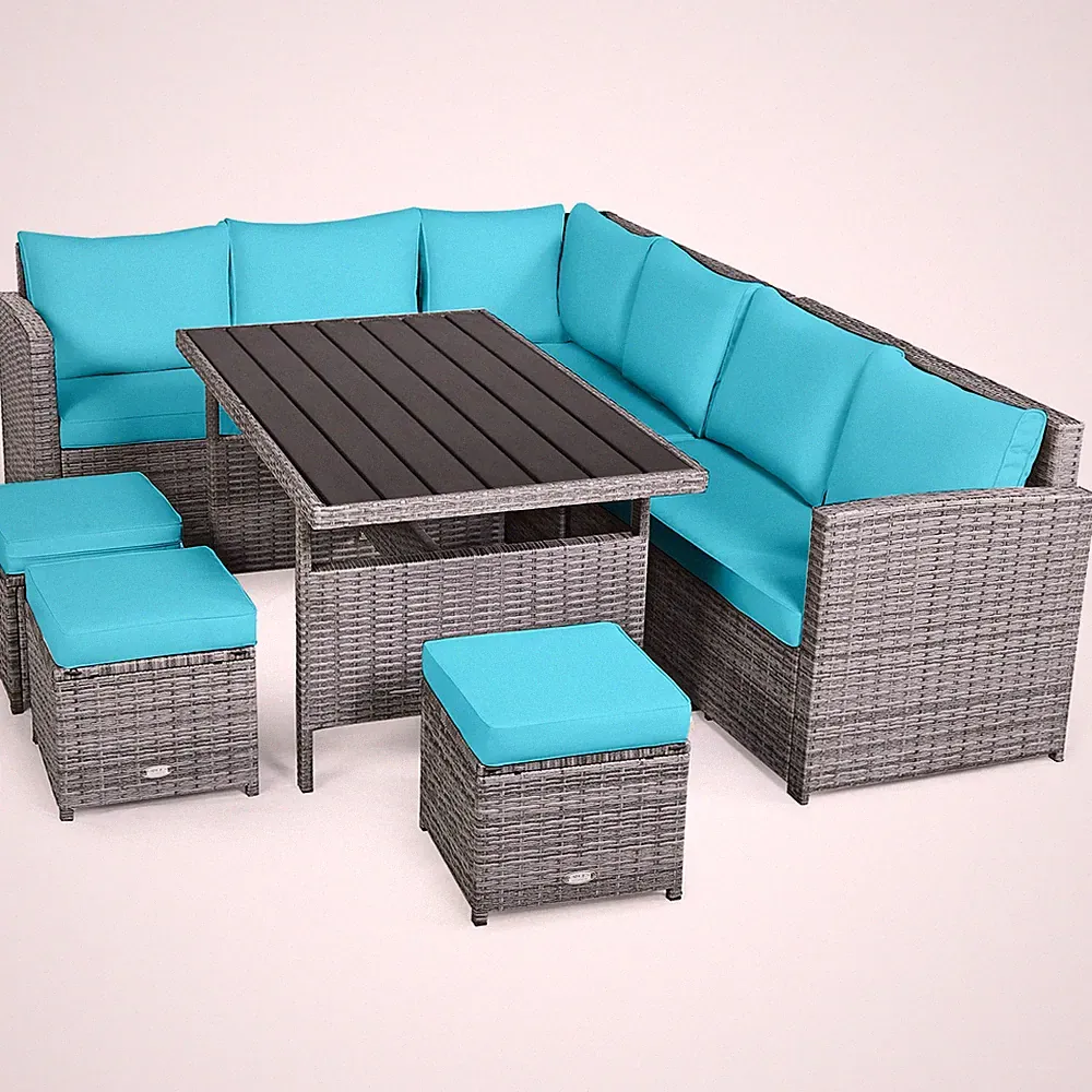 7PCS Rattan Patio Sectional Sofa Set Conversation Set w/ Turquoise Cushions