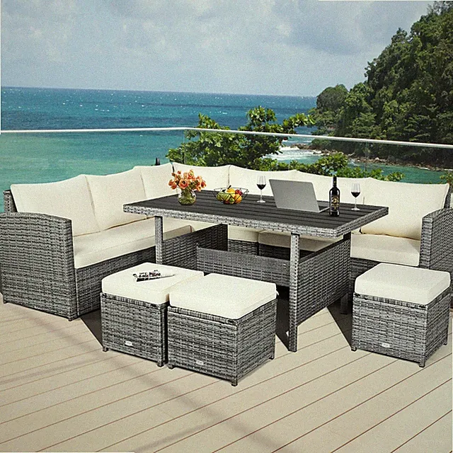 7PCS Rattan Patio Sectional Sofa Set Conversation Set w/ White Cushions