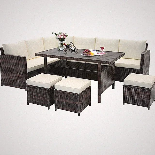 7PCS Wicker Patio Conversation Furniture Set Sectional Sofa Set w/White Cushions