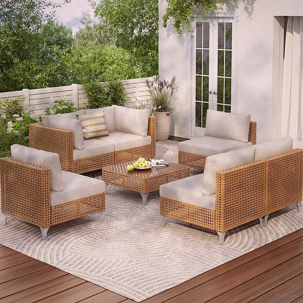 7Pcs Wicker Patio Furniture Set Sectional Sofa Water Resistant Cushions Table