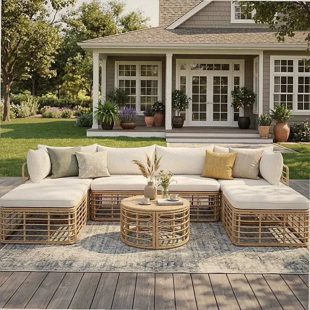 7x Outdoor Patio Furniture All-Weather Rattan Sectional Sofa Set Cushion Pillow