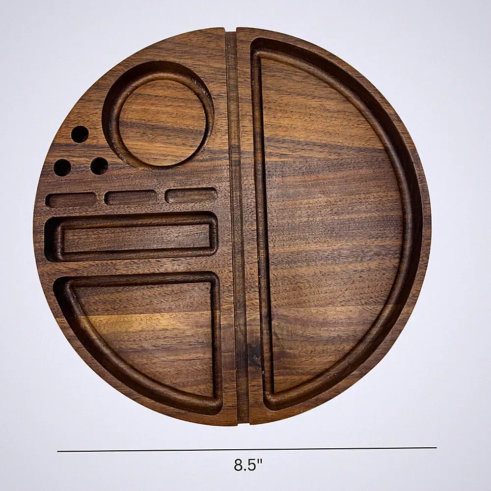 8.5" Round Walnut Wood Rolling Tray with Holding Sections