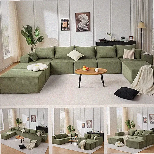8-Pc Green Sectional Sofa w/ Chaise & Bed, U-Shaped Corduroy, No Assembly