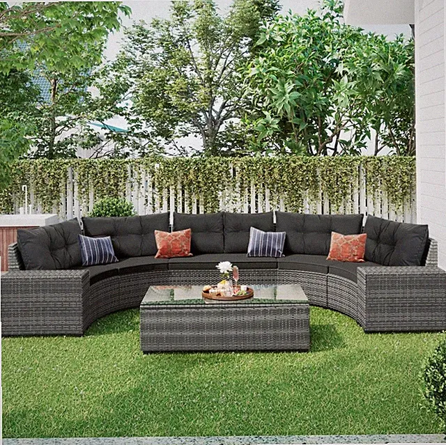 8-Pc Outdoor Wicker Round Sofa Set, Half-Moon All-Weather Curved Sectional