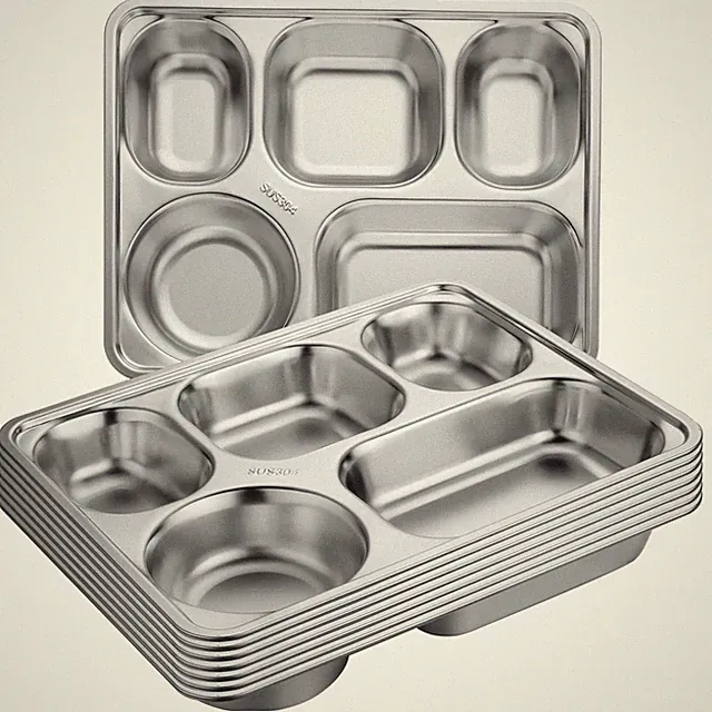 8 PCS 304 Stainless Steel 5 Compartment Divided Plates Rectangular Food Tray