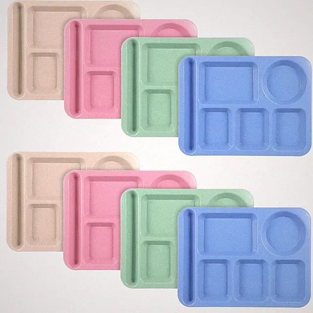 8 Pcs Divided Food Plates, 14" Wheat Straw Tray, 5-Compartment Unbreakable Fa...