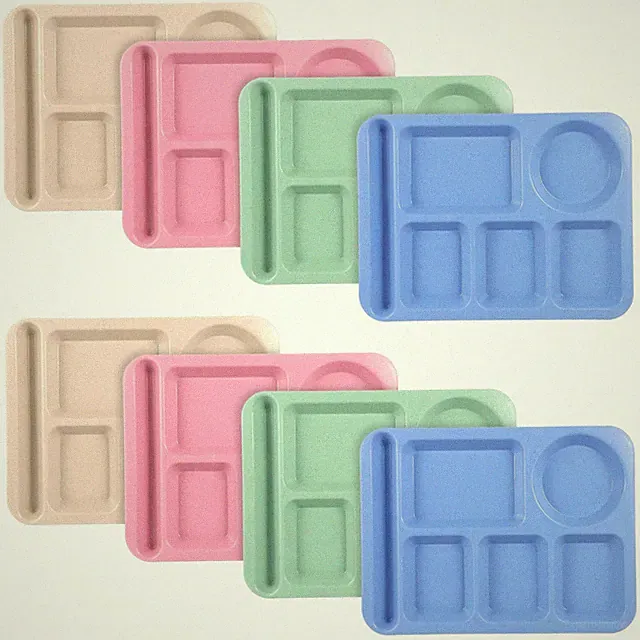 8 Pcs Divided Food Plates, 14" Wheat Straw Tray, 5-Compartment Unbreakable Fa...