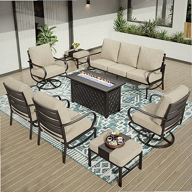 8 PCS Patio Furniture Set Garden Lawn Outdoor Set With Gas Fire Pit Table Heater
