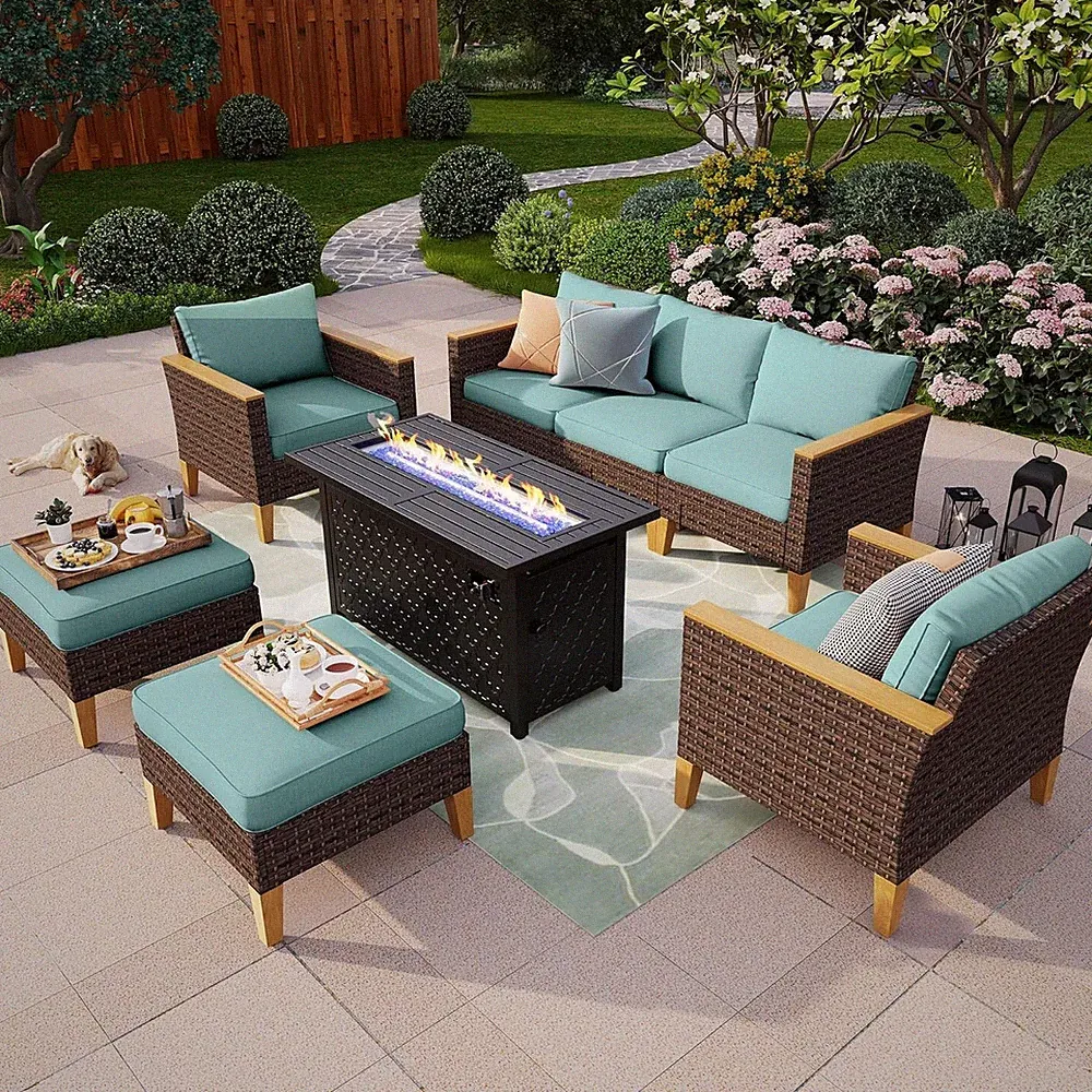 8 Pcs Patio Furniture Set Outdoor Conversation Set Rattan Sofa w/ Fire Pit Table