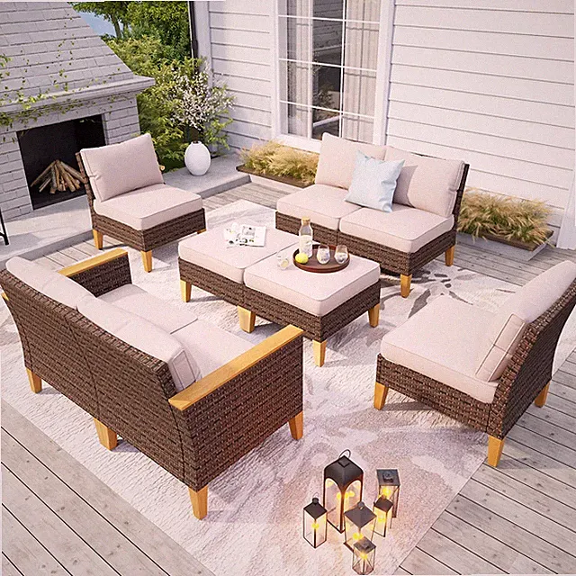 8 Pcs Patio Furniture Set Outdoor Rattan Conversation Set Sectional Sofa Sets