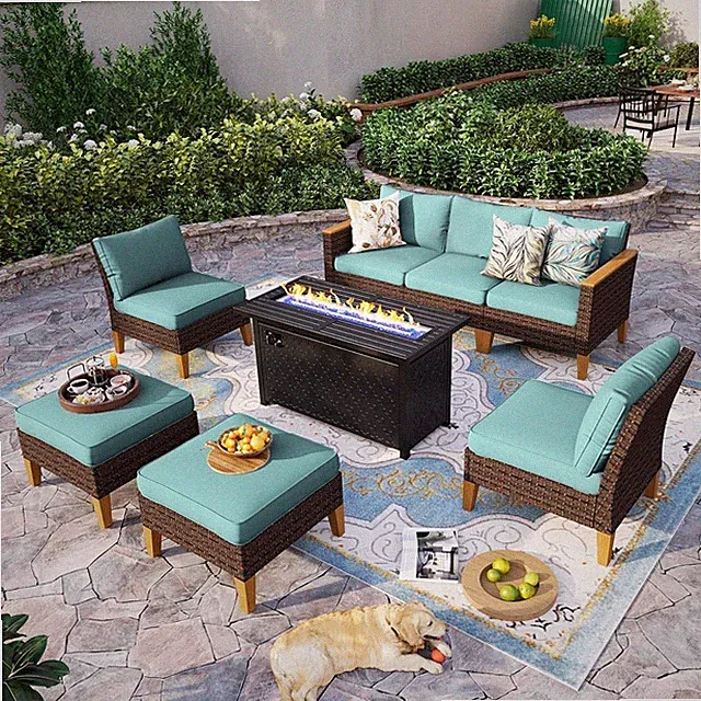 8 PCS Patio Furniture Set Outdoor Wicker Rattan Sofa Conversation Fire Pit Table