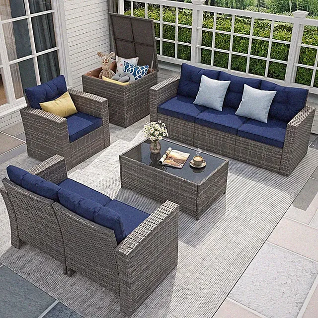 8 PCS Patio Furniture Set with Storage Box & Coffee Table, Navy Blue