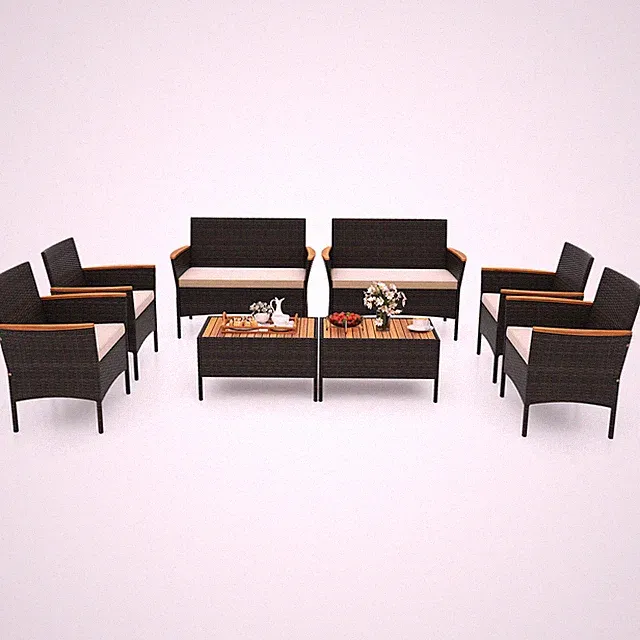 8 PCS Patio Wicker Sofa Set w/ Coffee Table Acacia Wood Armrests & Tabletop