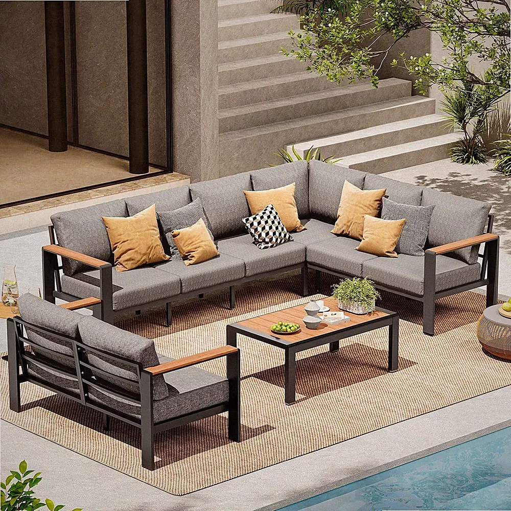 8-Piece Aluminum Outdoor Patio Furniture Set, Sectional Sofa & Coffee Table, Gra