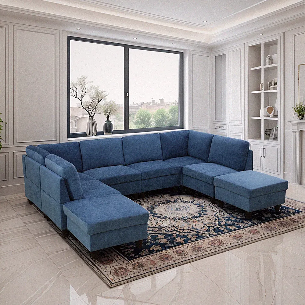 8-Piece Flannel Sectional Sofa Set, Modular Couch with Ottomans for Living Room