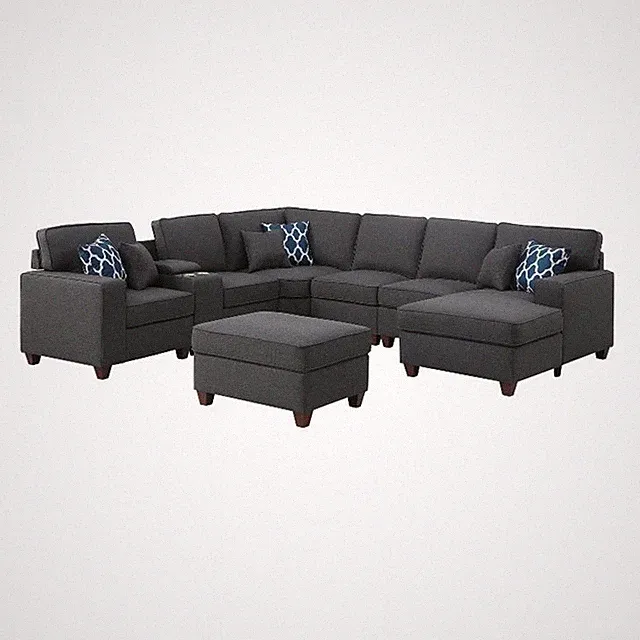 8-Piece Linen Fabric Upholstered Sectional With Console & Chaise-Dark Gray
