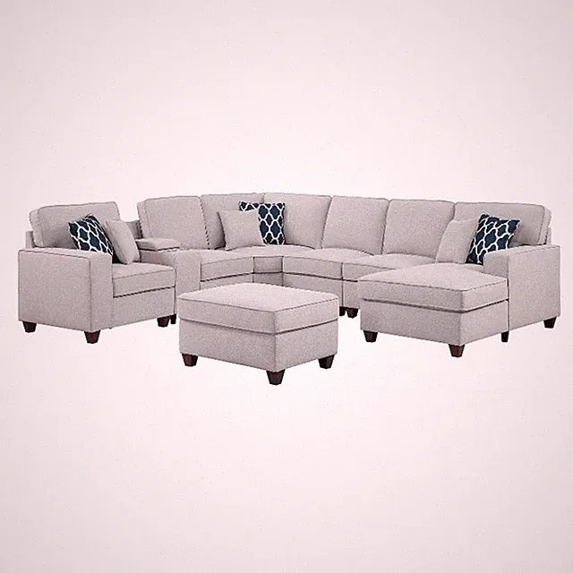 8-Piece Linen Fabric Upholstered Sectional With Console & Chaise-Light Gray