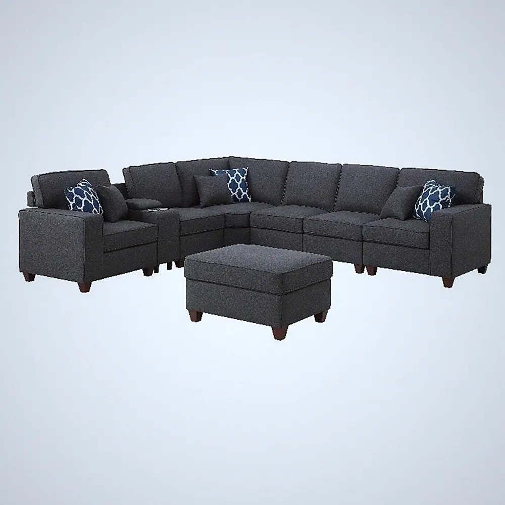 8-Piece Linen Fabric Upholstered Sectional With Console & Ottoman-Dark Gray