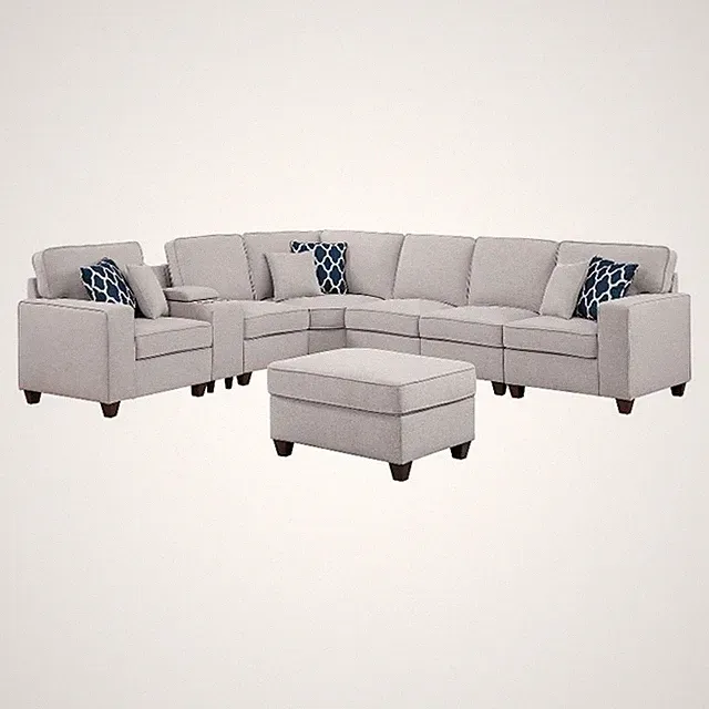 8-Piece Linen Fabric Upholstered Sectional With Console & Ottoman-Light Gray