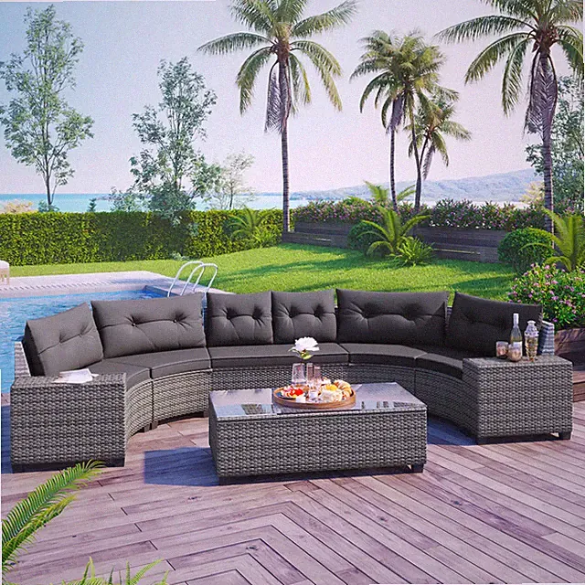 8-Piece Outdoor Half-Moon Rattan Sectional Sofa Set with Table Gray