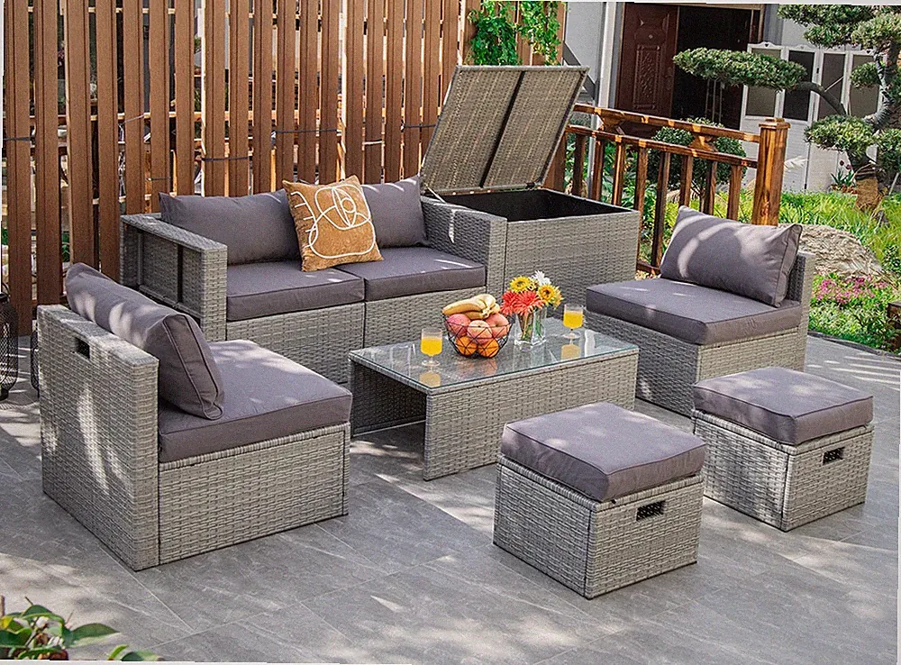 8-Piece Outdoor Patio Furniture Set Space-Saving Conversation Set w/ Storage Box