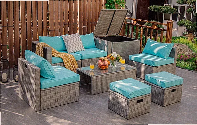 8-Piece Outdoor Patio Furniture Set Space-Saving Conversation Set w/ Storage Box