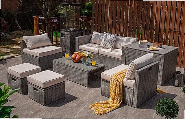 8-Piece Outdoor Patio Furniture Set Space-Saving Conversation Set w/ Storage Box