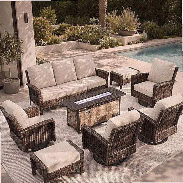 8-Piece Outdoor Patio Furniture Set with Fire Pit Beige