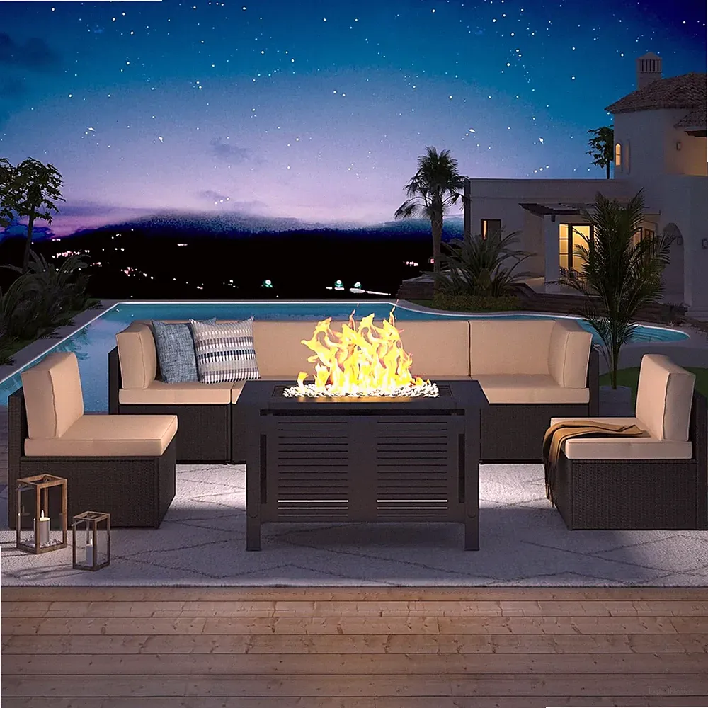 8 Piece Outdoor Patio Furniture Set with Fire Pit Table, Tea Table and Cushions