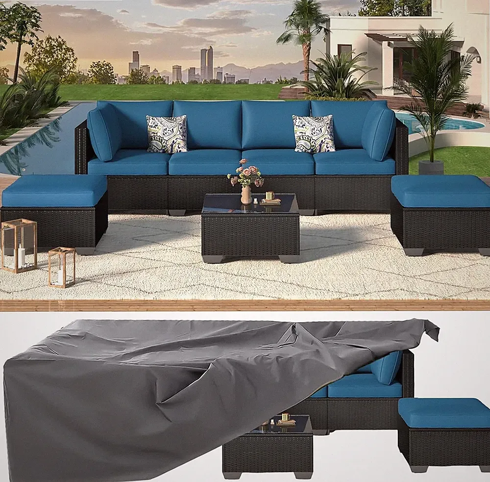 8-Piece Outdoor Patio PE Rattan Sectional Set Black Peacock Blue Cushions