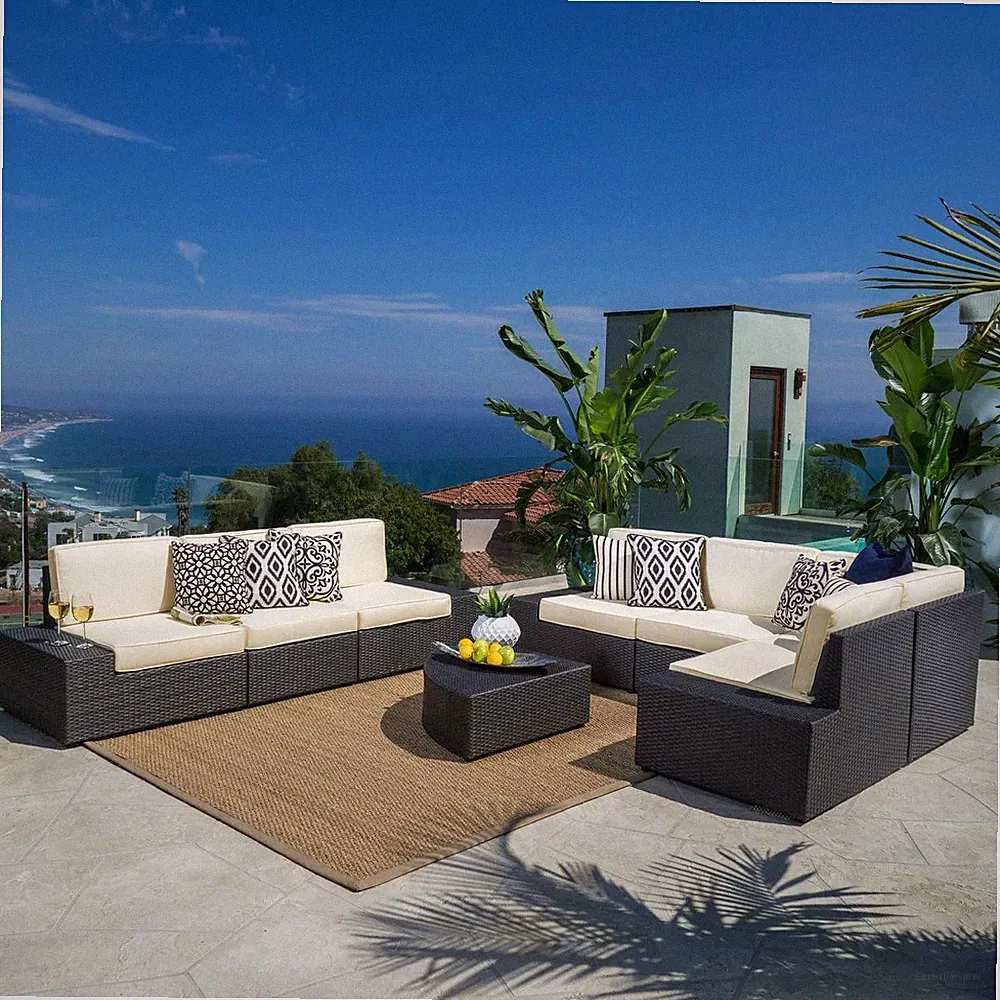 8-Piece Outdoor Patio Sectional Sofa Set Dark Brown Wicker & Iron