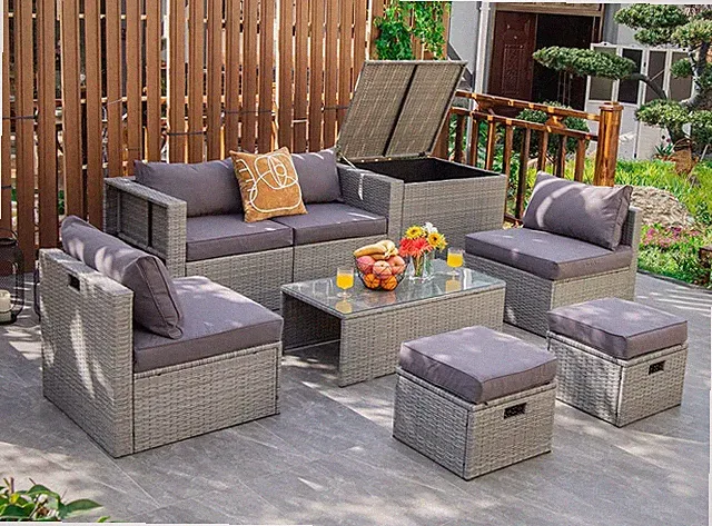 8-Piece Outdoor Wicker Furniture Set with Storage & Waterproof Cover