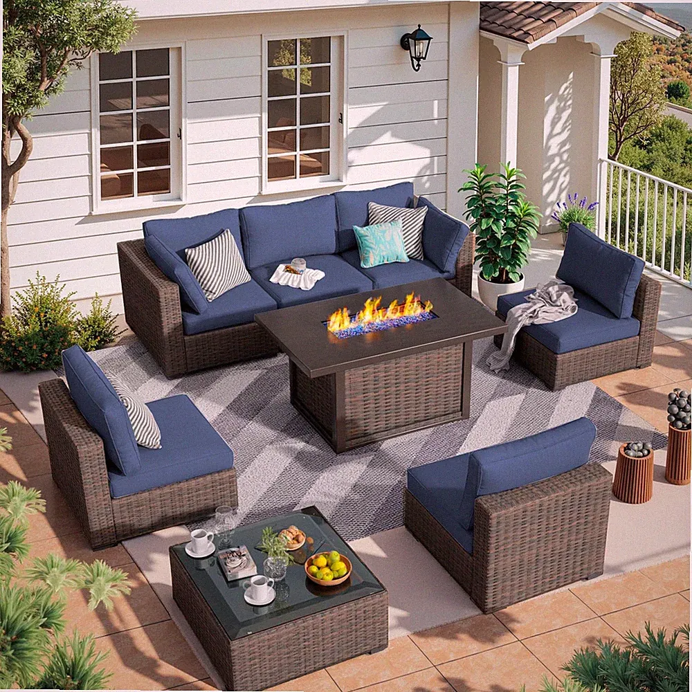 8 Piece Patio Furniture Set Fire Pit Table Outdoor Sectional Sofa PE Rattan Blue