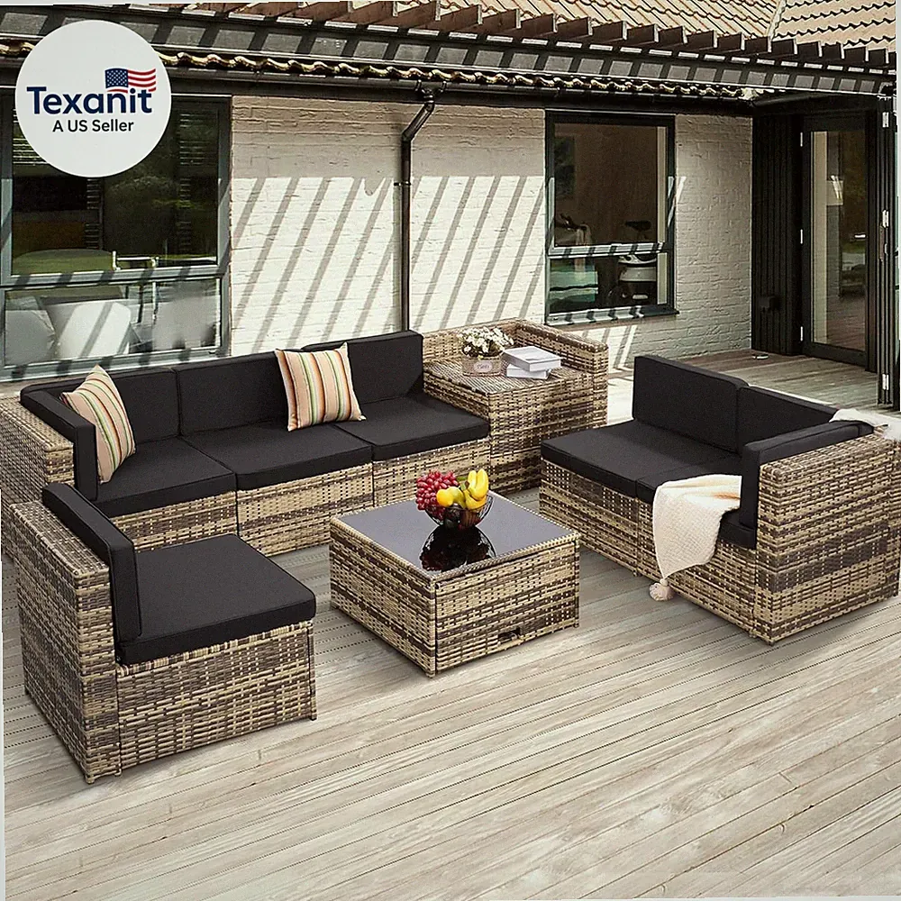 8-Piece Patio Furniture Set, Outdoor Wicker Rattan Sectional with Thick Cushions
