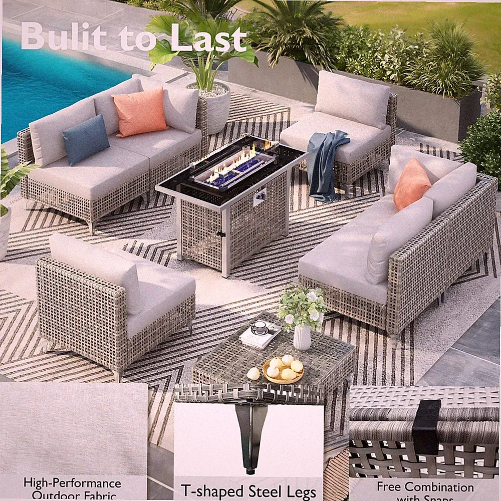 8-Piece Patio Furniture Set with 43" Fire Pit Table, Outdoor Conversation Set &