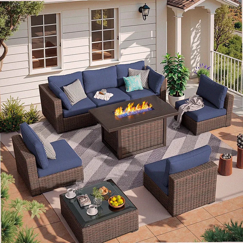 8 Piece Patio Furniture Set with Fire Pit Table All Weather PE Rattan Outdoor