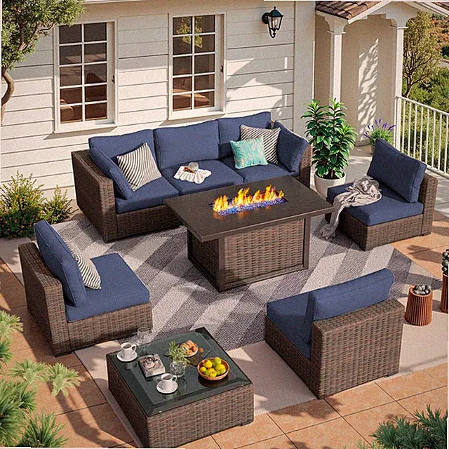 8 Piece Patio Furniture Set with Fire Pit Table All Weather PE Rattan Outdoor Se