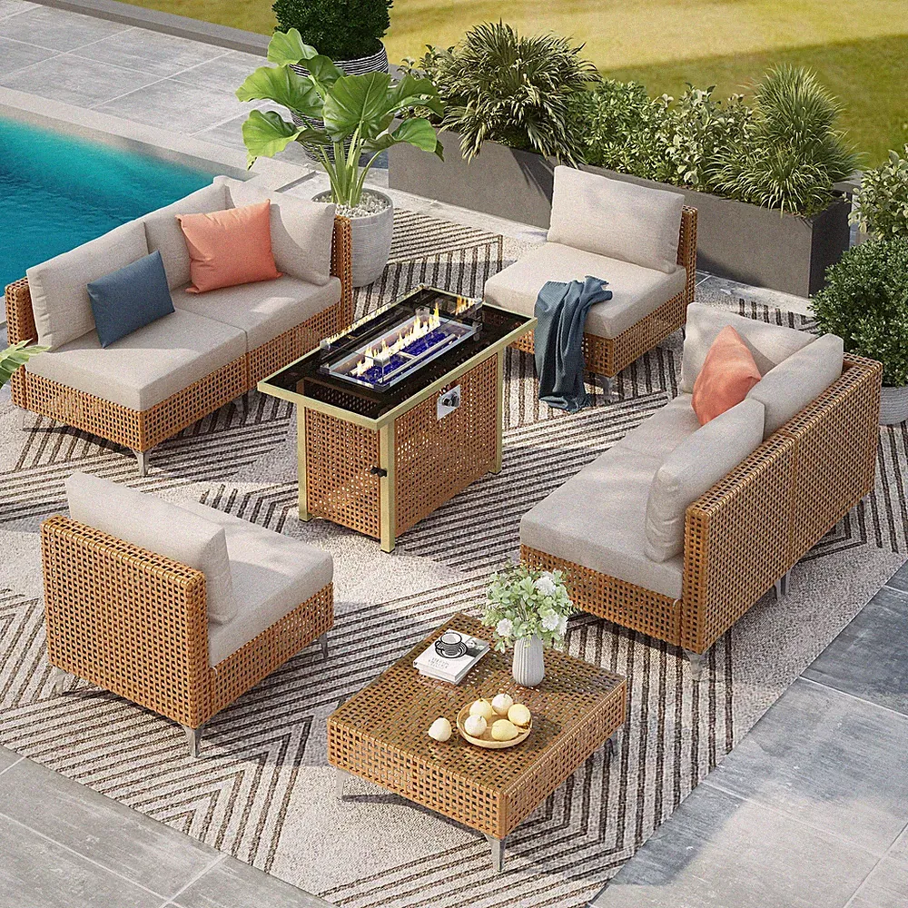 8-Piece Patio Furniture Set with Fire Pit Table, Beige Cushions