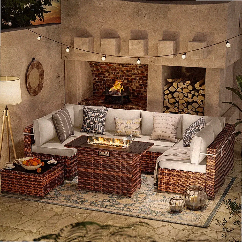 8 Piece Patio Furniture Set with Propane Gas Fire Pit Table (wicker)