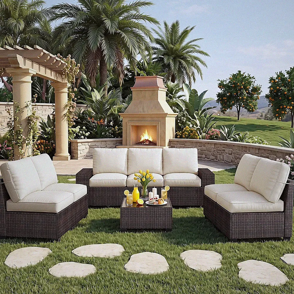 8 Piece Patio Furniture Sets, Modern Outdoor Sectional Sofa W/Wide Armrest