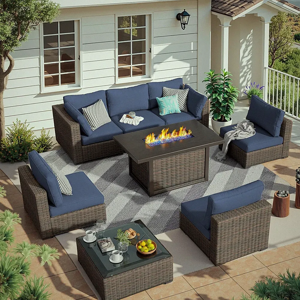 8 Piece Patio Set with Fire Pit Table All Weather Rattan No-Slip Cushions Blue