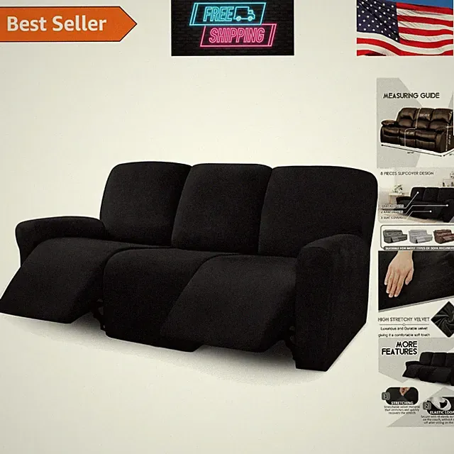 8-Piece Recliner Sofa Slipcover Set in Black Velvet - Machine Washable
