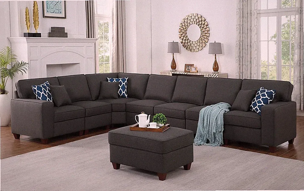 8-Piece Upholstered Modern Fabric Sectional with Ottoman Gray