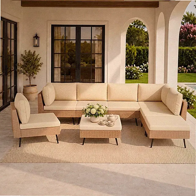 8-Piece Wicker Outdoor Furniture Set, All-Weather Patio Conversation Set with Th