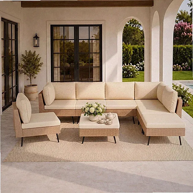8-Piece Wicker Outdoor Furniture Set, All-Weather Patio Conversation Set with Th