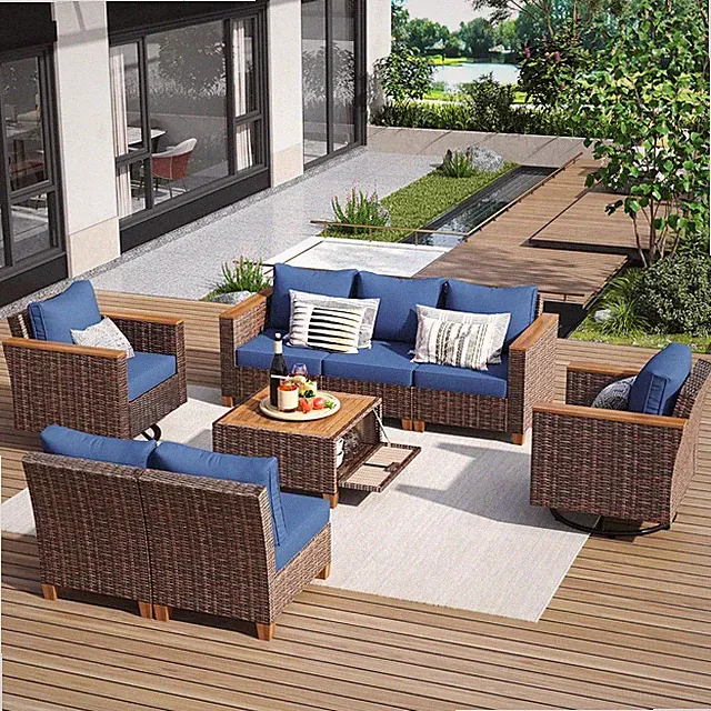 8-Piece Wicker Outdoor Patio Furniture Set with Thick Cushion,Rattan Chairs,Blue