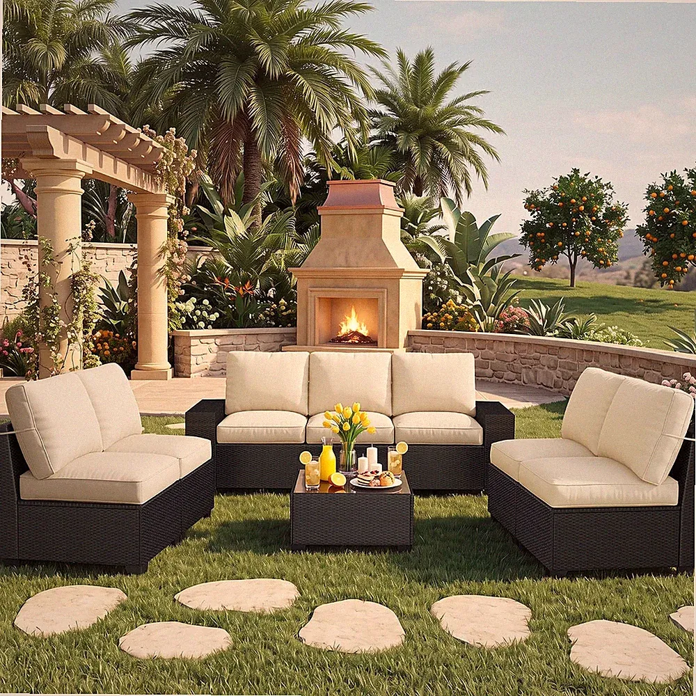8 Piece Wicker Patio Furniture Set, Outdoor Sectional Sofa W/Wide Armrest | Mode