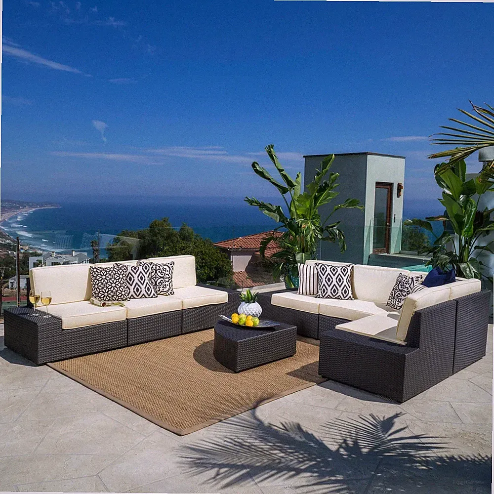 8-Piece Wicker Sectional Sofa Set Dark Brown with Beige Cushions